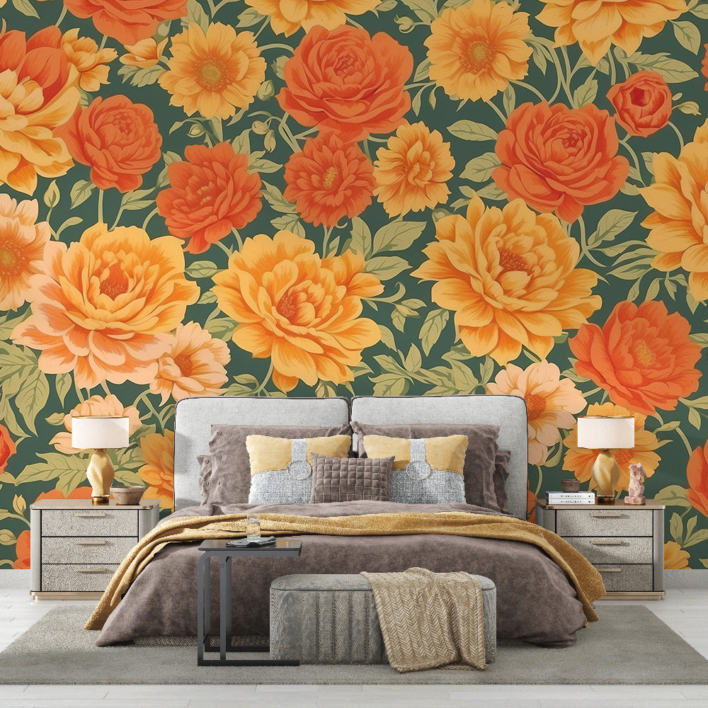 Floral Mural Wallpaper | Watercolor Poppies in Coral Orange