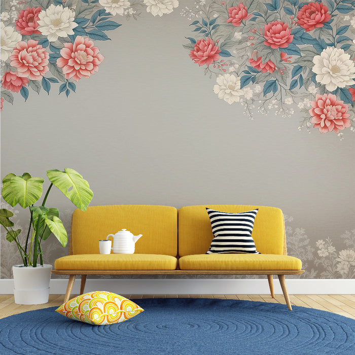 Papel de parede mural vintage | Moldura floral colorida em fundo neutro