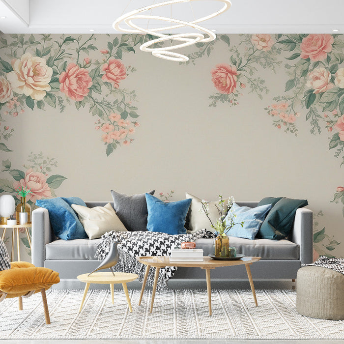 Vintage Floral Mural Wallpaper | White and Pink Flower Frame