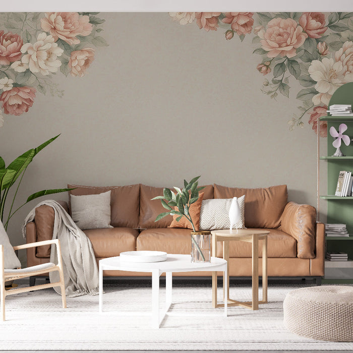 Papel de parede mural floral vintage | Moldura floral em tons neutros