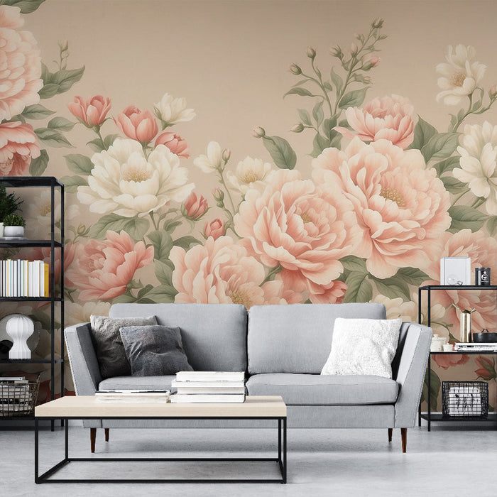 Papel de parede mural vintage floral | Flores rosa e brancas em um fundo neutro