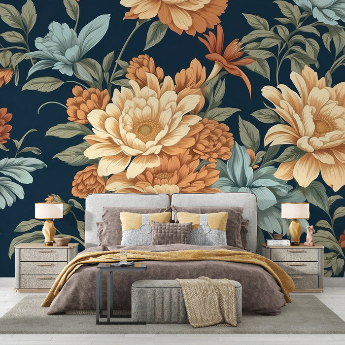 Papel de parede mural floral vintage | Flores brilhantes em fundo azul meia-noite