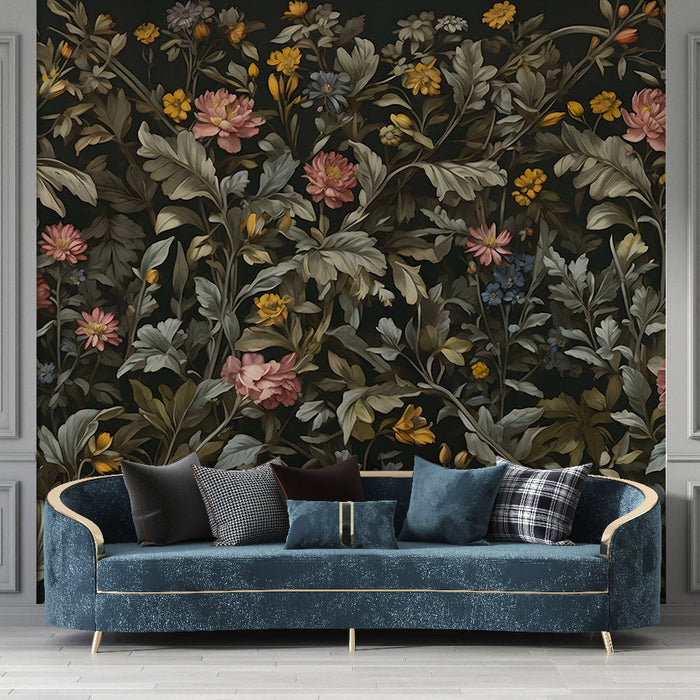 Vintage Floral Mural Wallpaper | Neutraal Bloemenbehang op Zwarte Achtergrond