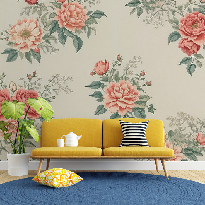 Vintage Floral Mural Wallpaper | Large Pink and Red Flowers
