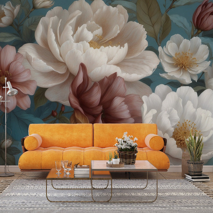 Papel pintado de mural floral vintage | Magnolia blanca y rosa