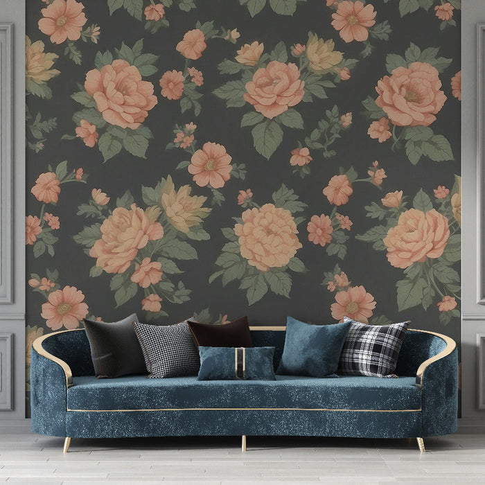 Papel de parede mural vintage floral | Folhas verdes escuras com rosas
