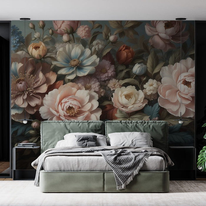 Papel de parede Mural Floral Vintage | Rosas Azuis e Brancas