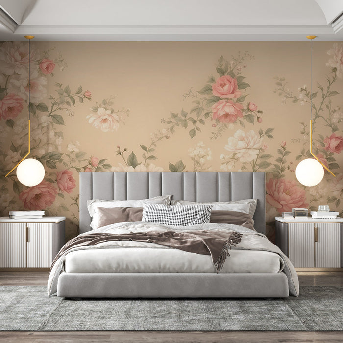Papel pintado de mural floral vintage | Flores rosas y blancas