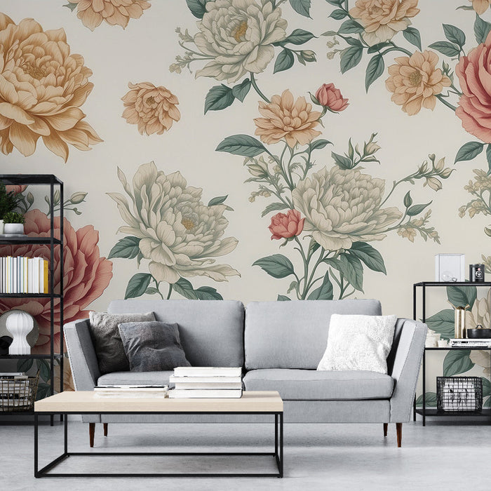 Papel pintado de mural floral vintage | Rosa, amarillo y blanco