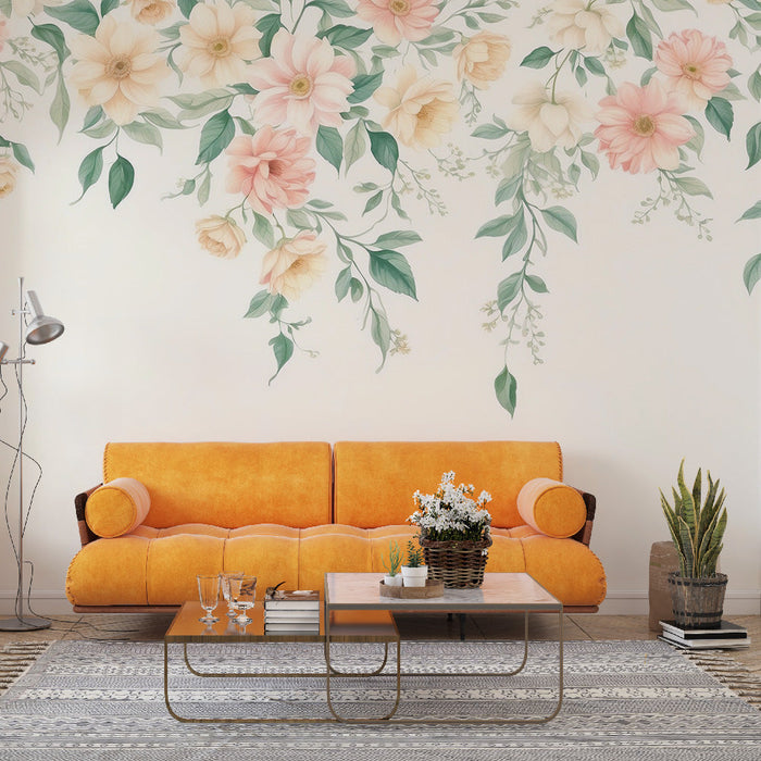 Vintage Floral Mural Wallpaper | Floral Cascade on White Background