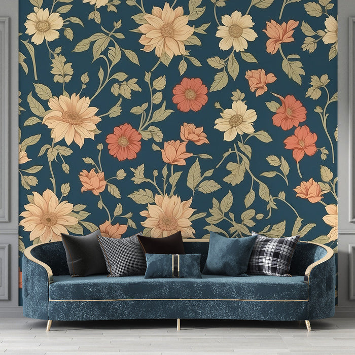 Papel de parede Mural Floral Vintage | Cascata Floral Amarela e Vermelha em Fundo Azul Meia-Noite
