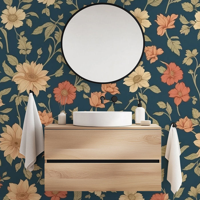 Papel de parede banheiro vintage | Floral amarelo e vermelho sobre fundo azul meia-noite
