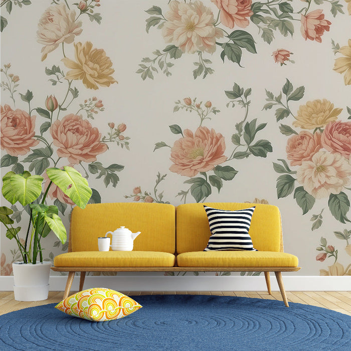 Papel de parede floral em tons neutros vintage | Buquês de flores