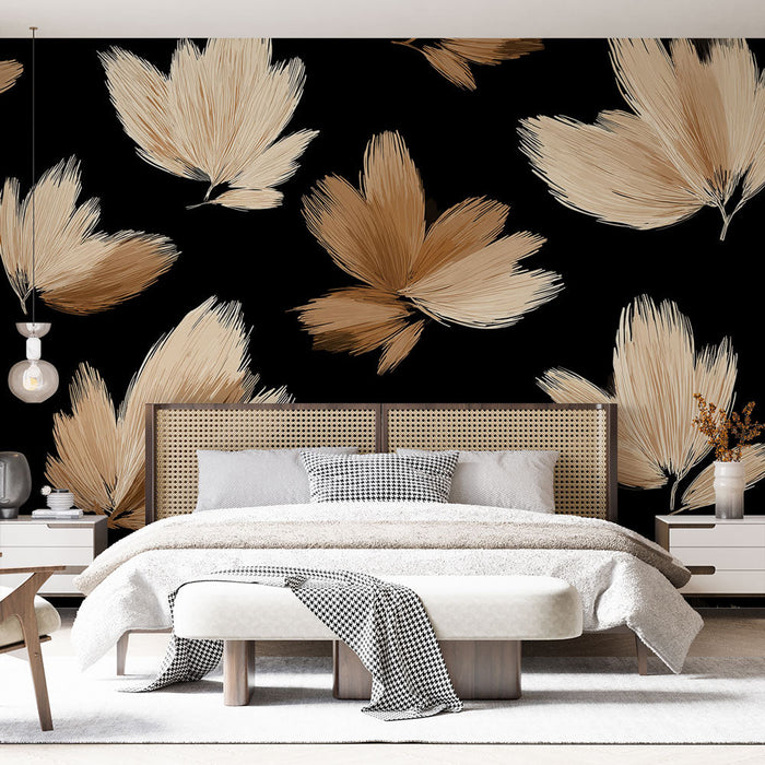 Mural Wallpaper abstract flowers | Leaves in shades of beige on a black background