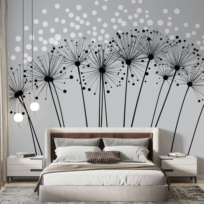 Mural Wallpaper abstract flowers | Modern patterns of black and white flowers on a gray background