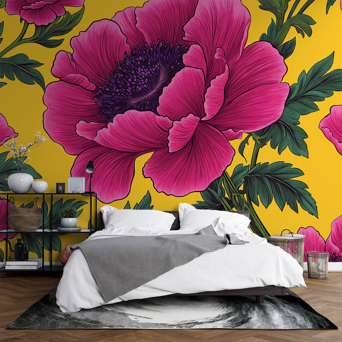 Papel pintado flores | Anémonas rosas sobre fondo amarillo brillante