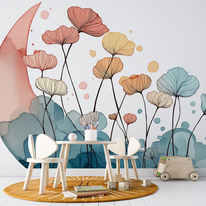 Тапет с акварелни цветя | Нежни цветя на цветен фон на луната