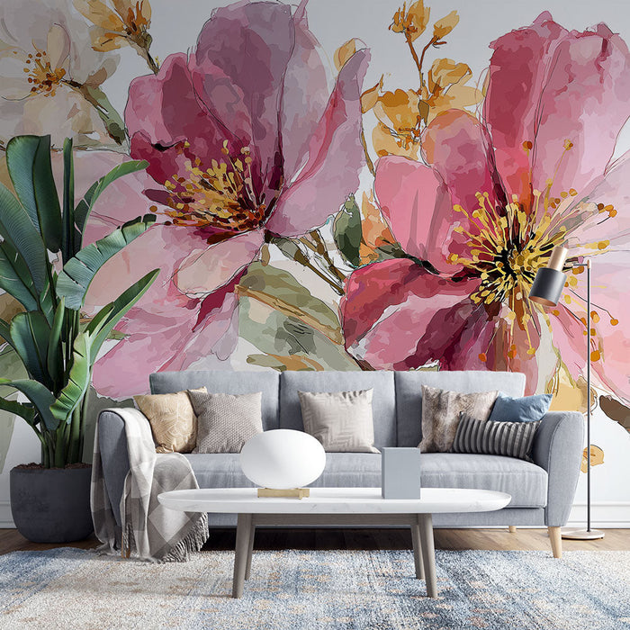 Tapete с цветя от акварел | Нежни розови и жълти цветя на бял фон