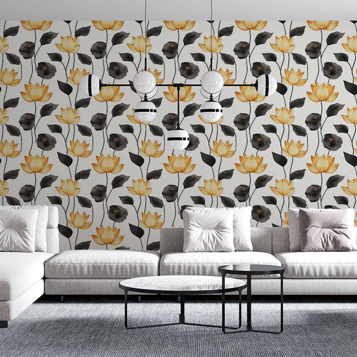 Carta da parati con fiori ad acquerello | Bei motivi di fiori gialli e neri su sfondo chiaro