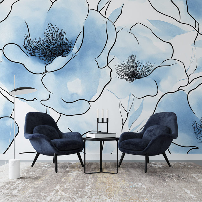 Fototapet su akvarel çiçekler | Beyaz bir arka plan üzerinde güzel narin mavi çiçekler