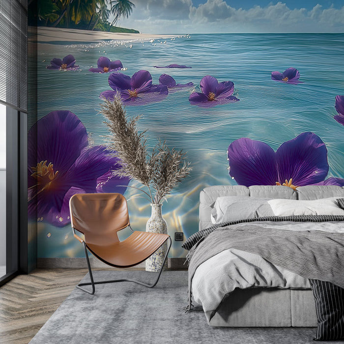 Mural Wallpaper aquatic flowers | Bouquets of purple flowers on a crystalline sea