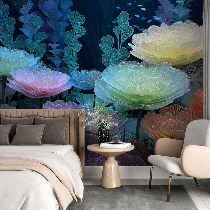 Tapeta vodní květiny | Barevné květiny plující v tajemném podvodním pozadí