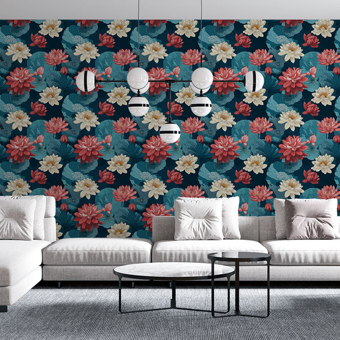 Tapeta vodní květiny | Barevné vzory leknínů na tmavém pozadí