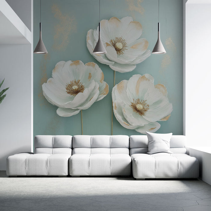 Fototapet kunstneriske blomster | Delikate fersken hvide og gyldne blomster på en blå baggrund