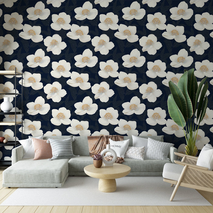 Ταπετσαρία με λουλούδια λευκού χρώματος | Έκρηξη λευκού λουλουδιού σε μπλε φόντο