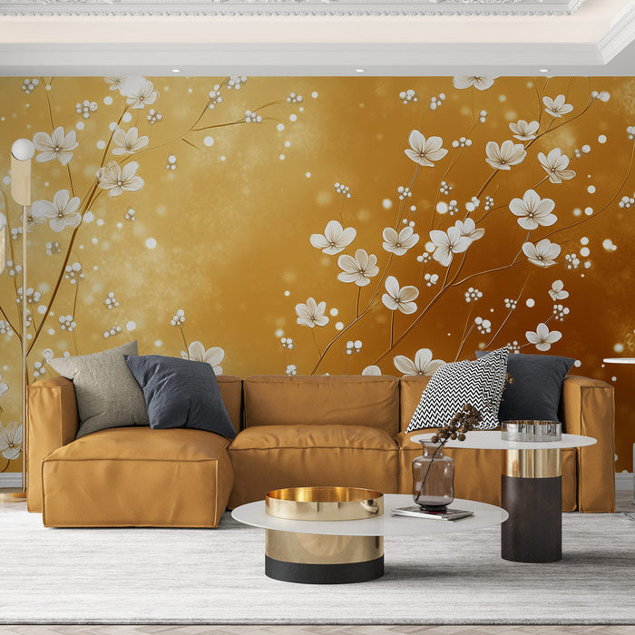 Tapeta bílé květiny | Zlatý lesk a květinová jemnost