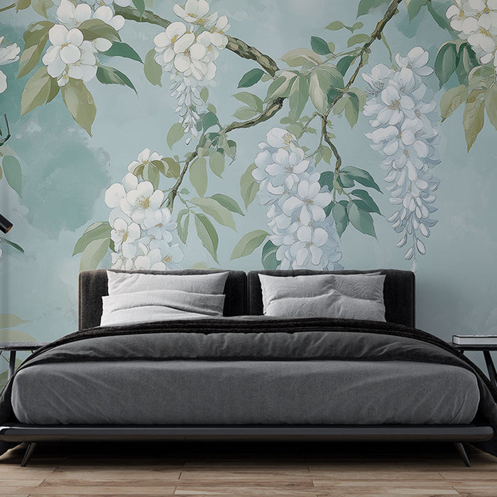 Tapeta bílé květiny | Elegance vistárie na modrém pozadí