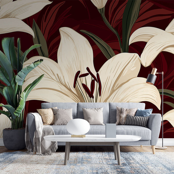 Tapete weiße Blumen | Eleganz der Lilien auf burgunderfarbenem Hintergrund