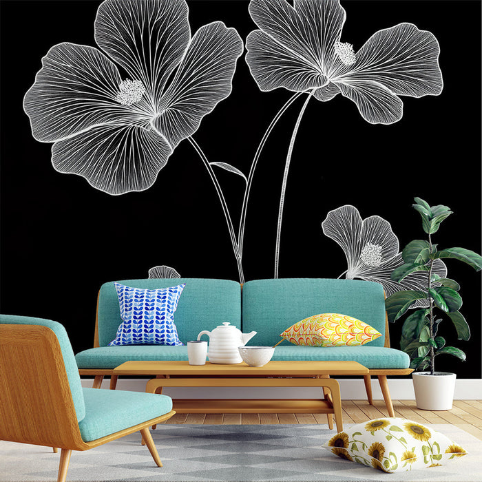 Papel pintado flores blancas | Elegantes flores blancas sobre fondo negro