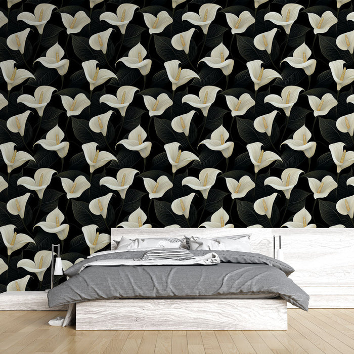Tapete с бели цветя | Елегантни цветя на черен фон