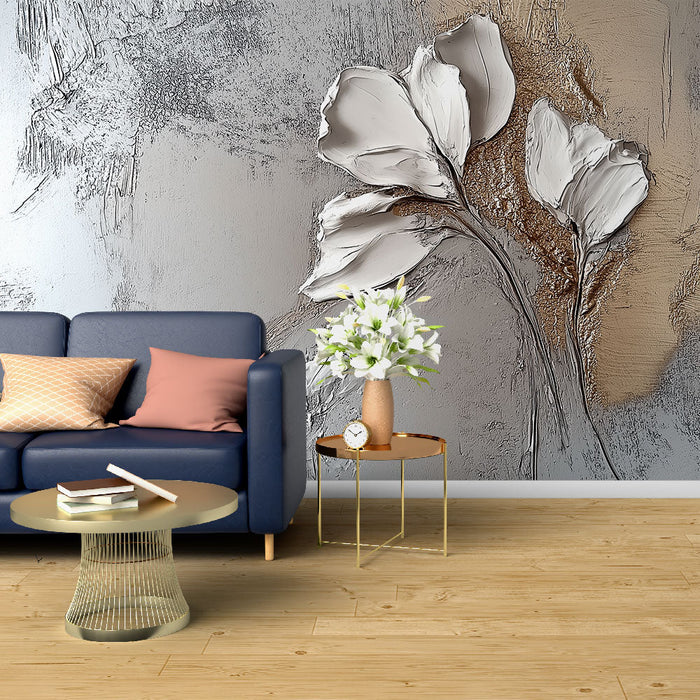 Papel de parede flores brancas | Flores texturizadas elegantes em fundo metálico