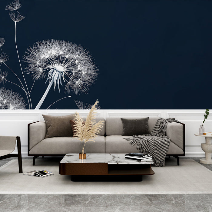Papel de parede flores brancas | Padrões elegantes de dente-de-leão em fundo azul meia-noite