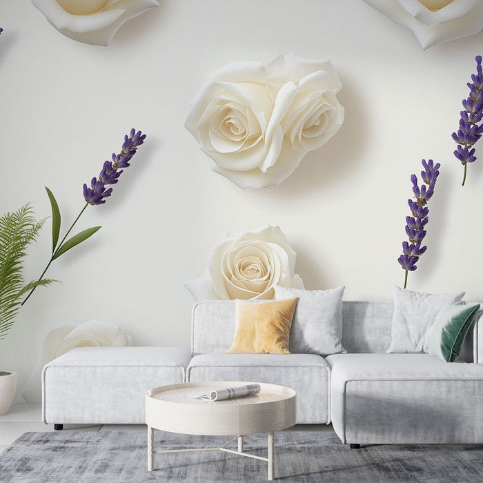 Ταπετσαρία τοίχου λευκά λουλούδια και λεβάντα | Απαλά σχέδια τριαντάφυλλων και κλωνιά λεβάντας
