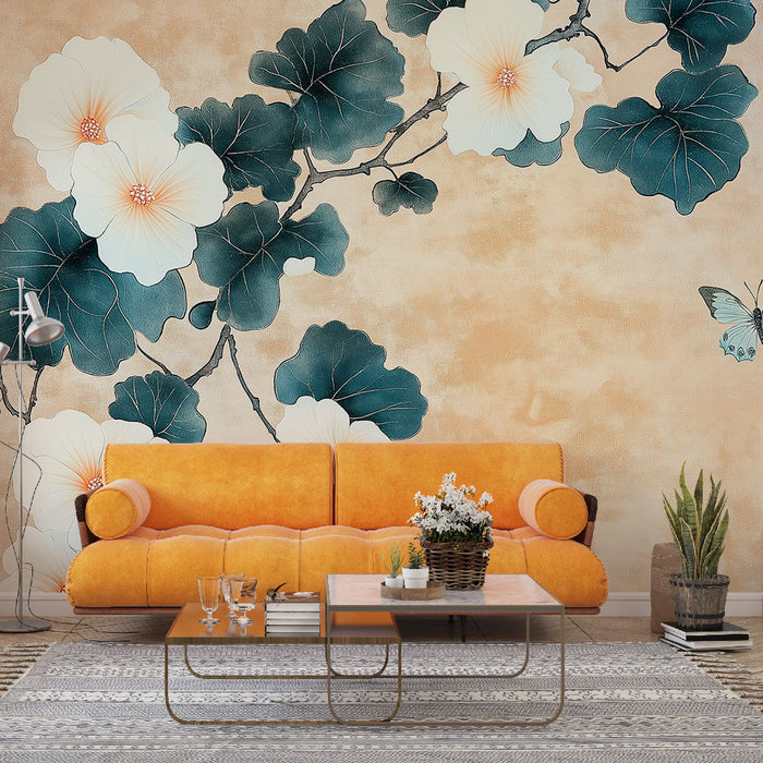 Muraaltapeet valged lilled | Õrnad lilled ja lopsakas lehestik