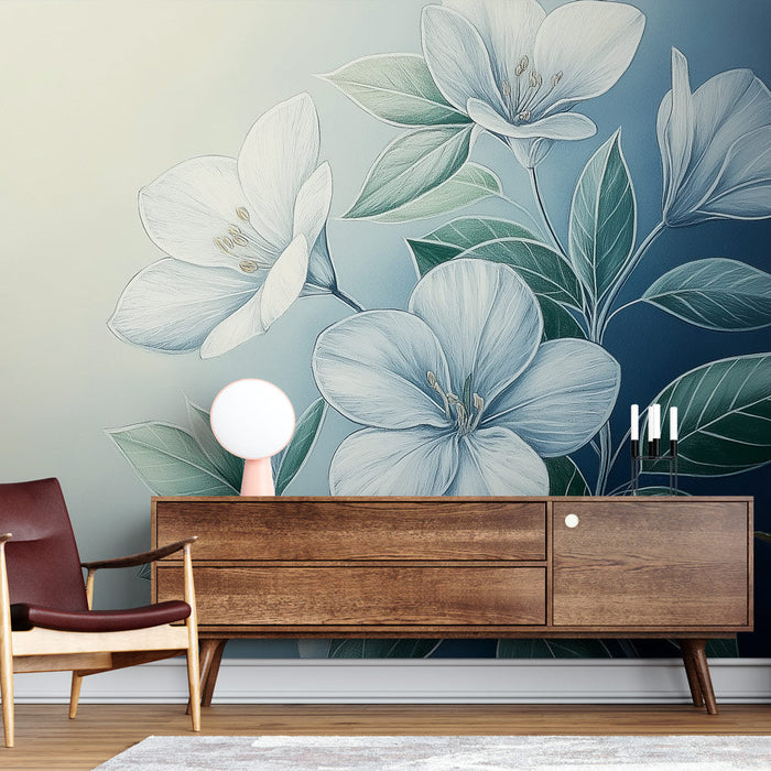 Ταπετσαρία λευκά λουλούδια | Λεπτά λουλούδια σε μπλε διαβαθμισμένο φόντο