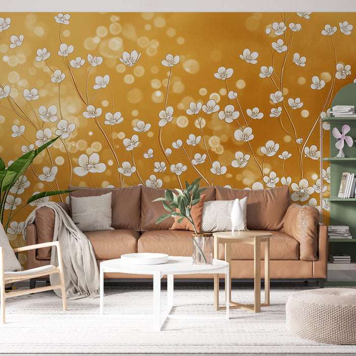 Tapete weiße Blumen | Zarte Blumen auf goldenem Hintergrund
