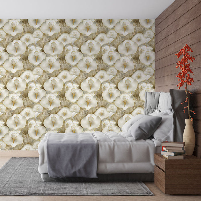 Fototapete weiße Blumen | Cremiges Blumenmotiv mit goldenen Akzenten