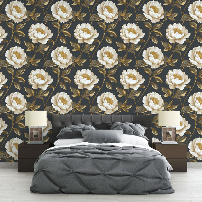 Foto Behang witte bloemen | Elegant pioenmotief op donkere achtergrond
