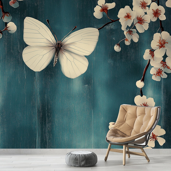 Ταπετσαρία τοίχου λευκά λουλούδια | Λεπτή πεταλούδα σε μπλε φόντο