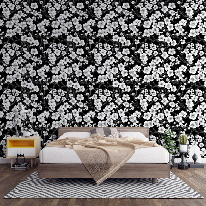 Foto Behang witte bloemen op zwarte achtergrond | Elegant monochroom bloemenpatroon
