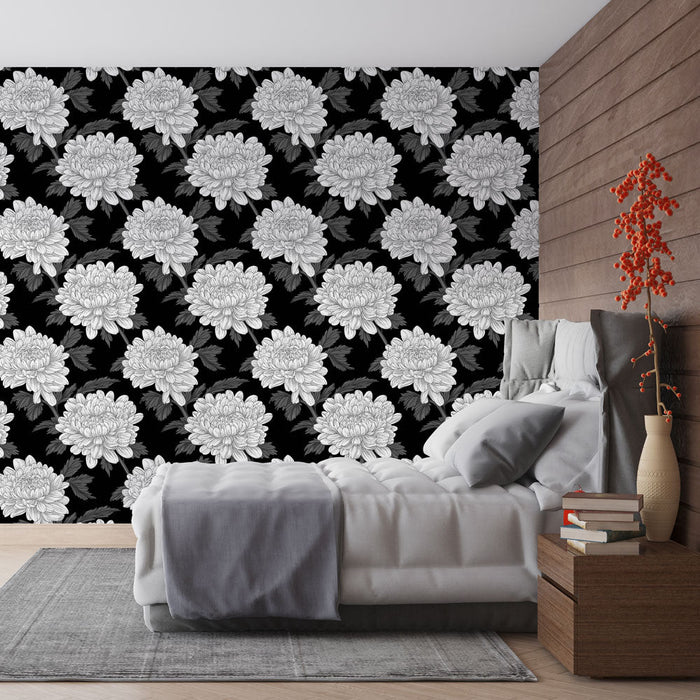 Tapetti valkoisilla kukilla mustalla taustalla | Tyylikäs mustavalkoinen krysanteemikuvio