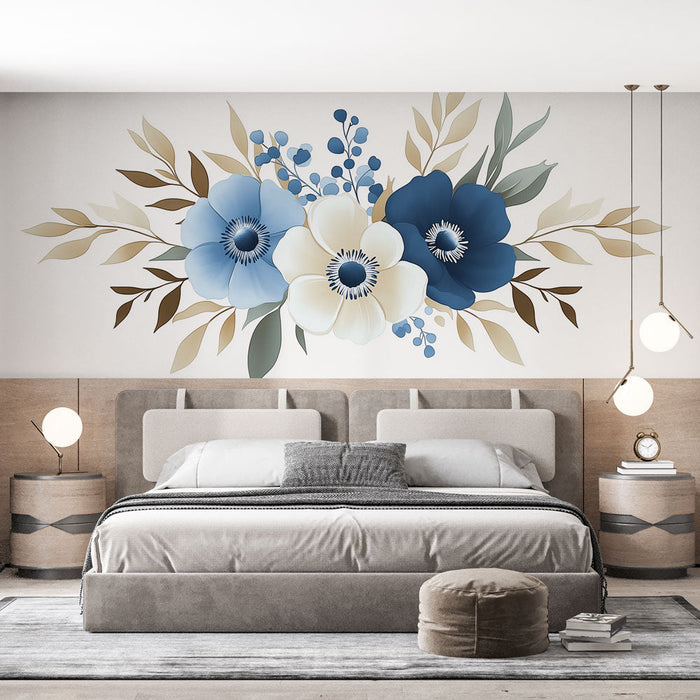 Mural Wallpaper blå og beige blomster | Elegante blomster og myk løvverk