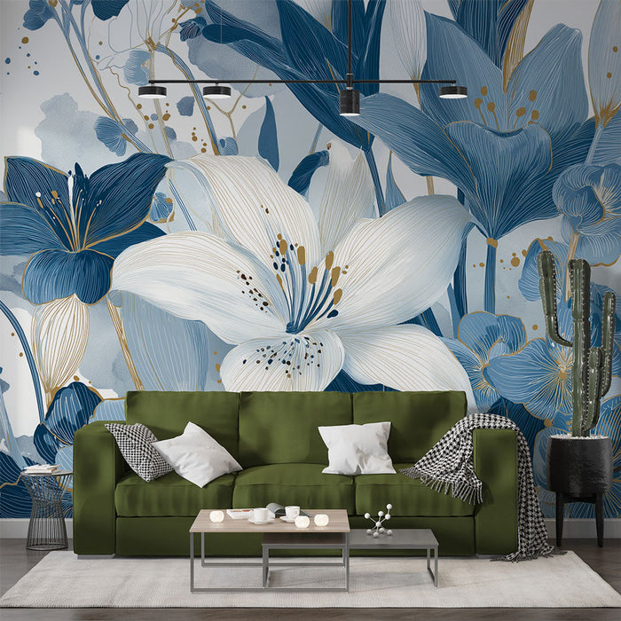 Tapeta plavih cvjetova | Sjaj prekrasnog bijelog cvijeta okružen nijansama plave i zlatne