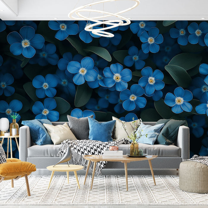 Mural Wallpaper blue flowers | Burst of small flowers on dark background