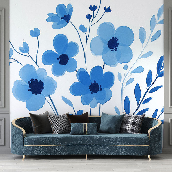 Mural Wallpaper blå blomster | Lyse stiliserte blomster på en hvit bakgrunn