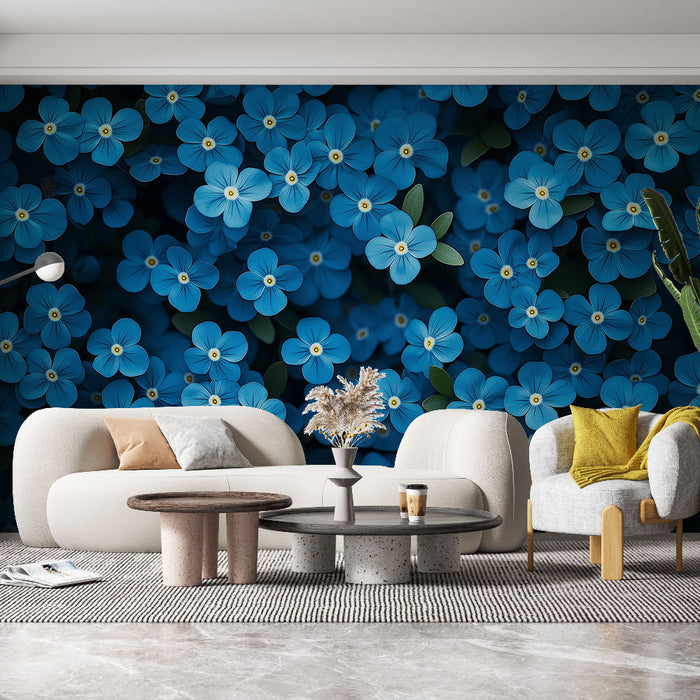 Mural Wallpaper blue flowers | Bright flowers on a dark background